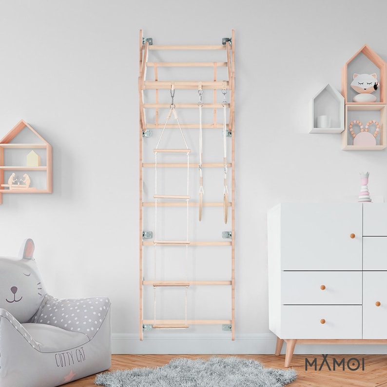 MAMOI® Premium Wooden Swedish Ladder for Kids - Indoor Climbing Frame, Monkey Bars & Play Gym Set