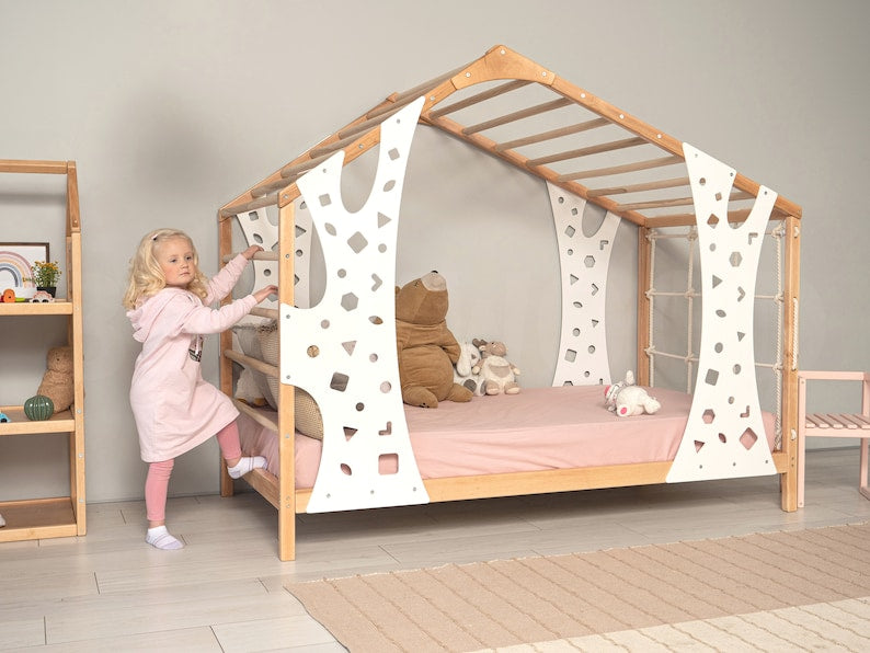 BusyWood Montessori Climbing Bed, Wooden Kids Playing Bed Frame, Toddler Climbing Gym Bed, Wooden Activity Gym, Kids Bed with Climbing Wall