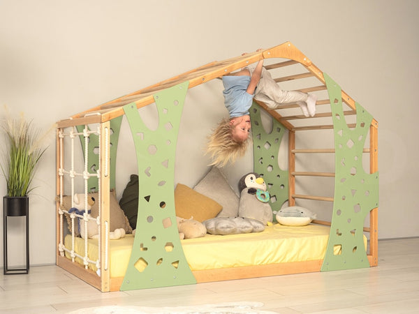 Montessori Wooden Jungle Gym Bed with Toddler Playhouse - Indoor Climbing Frame & Platform Bed