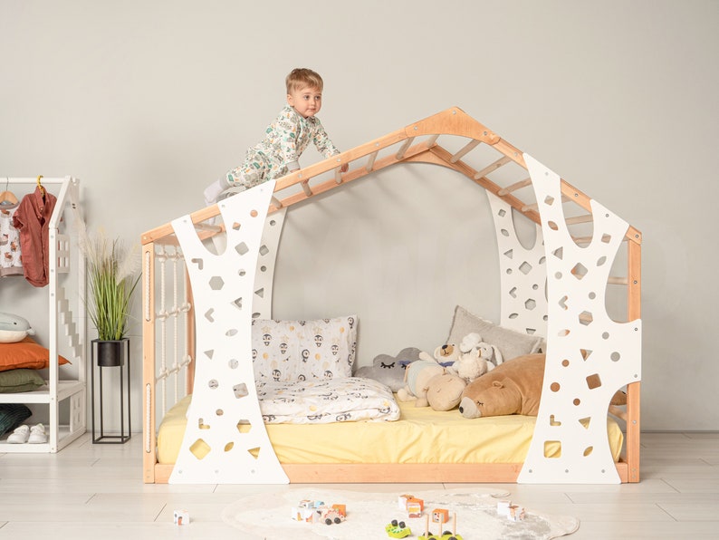 Busywood Kids Climbing Playhouse & Montessori Toddler Bed - Indoor Play Gym with Platform