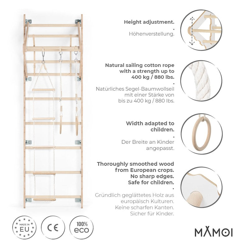 MAMOI® Premium Wooden Swedish Ladder for Kids - Indoor Climbing Frame, Monkey Bars & Play Gym Set
