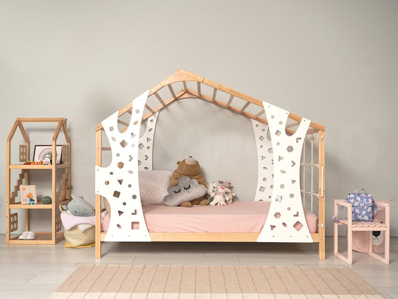 BusyWood Montessori Climbing Bed, Wooden Kids Playing Bed Frame, Toddler Climbing Gym Bed, Wooden Activity Gym, Kids Bed with Climbing Wall