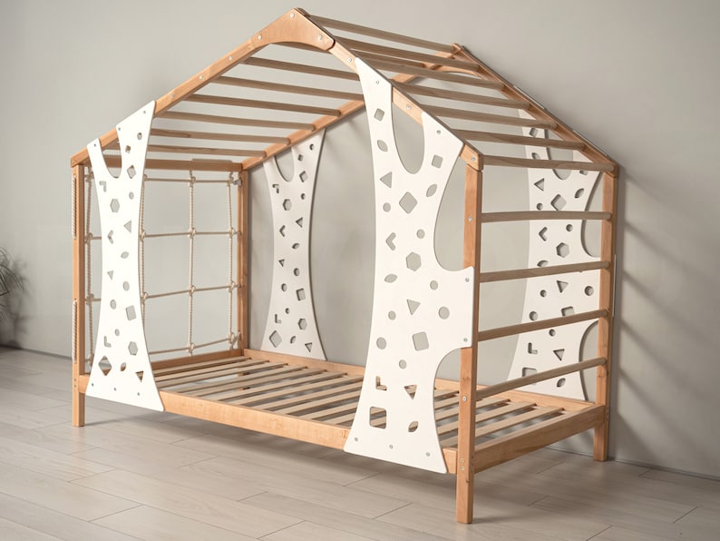 BusyWood Montessori Climbing Bed, Wooden Kids Playing Bed Frame, Toddler Climbing Gym Bed, Wooden Activity Gym, Kids Bed with Climbing Wall
