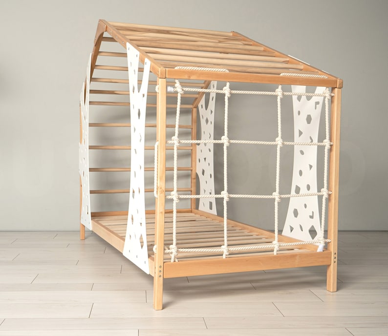 BusyWood Montessori Climbing Bed, Wooden Kids Playing Bed Frame, Toddler Climbing Gym Bed, Wooden Activity Gym, Kids Bed with Climbing Wall