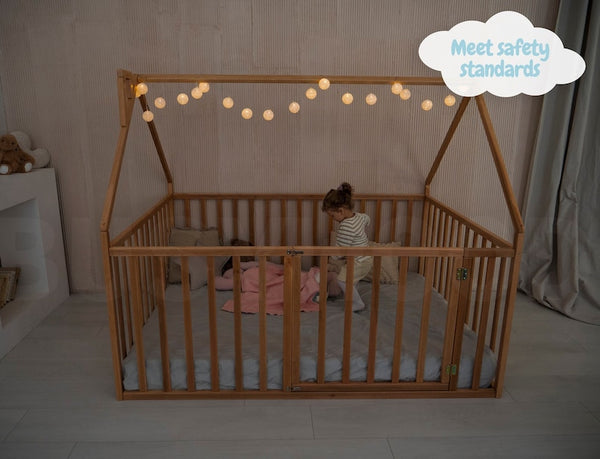 Busywood Montessori House Playpen Bed: Extra High Rails, Platform Toddler Bed, Indoor Playground