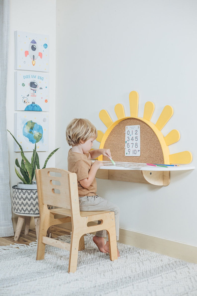 Sunshine Wall-Mounted Kids Table, Preschool set - Desk and Chair, Montessori Furniture, Boho style nursery, Toddler playroom,Mirror for Baby