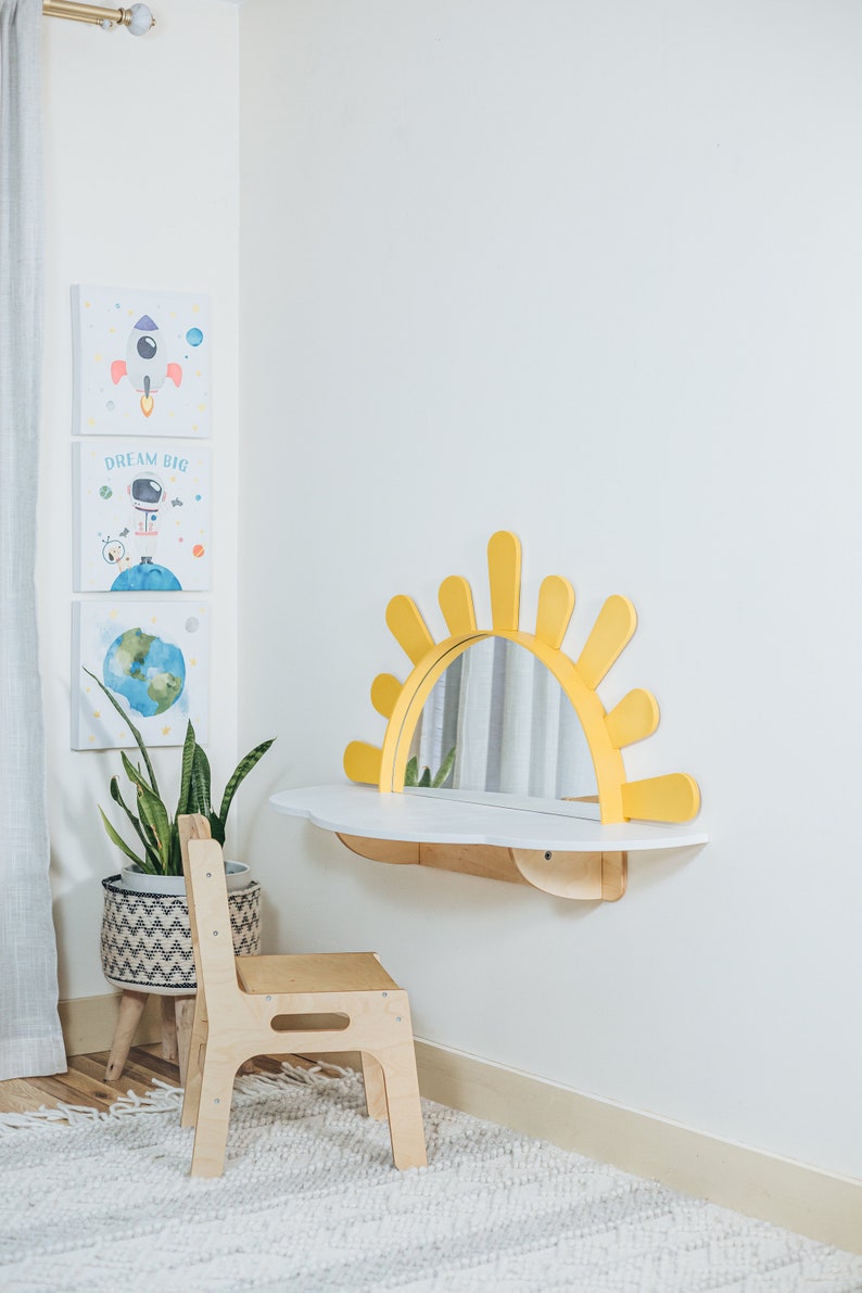 Sunshine Wall-Mounted Kids Table, Preschool set - Desk and Chair, Montessori Furniture, Boho style nursery, Toddler playroom,Mirror for Baby
