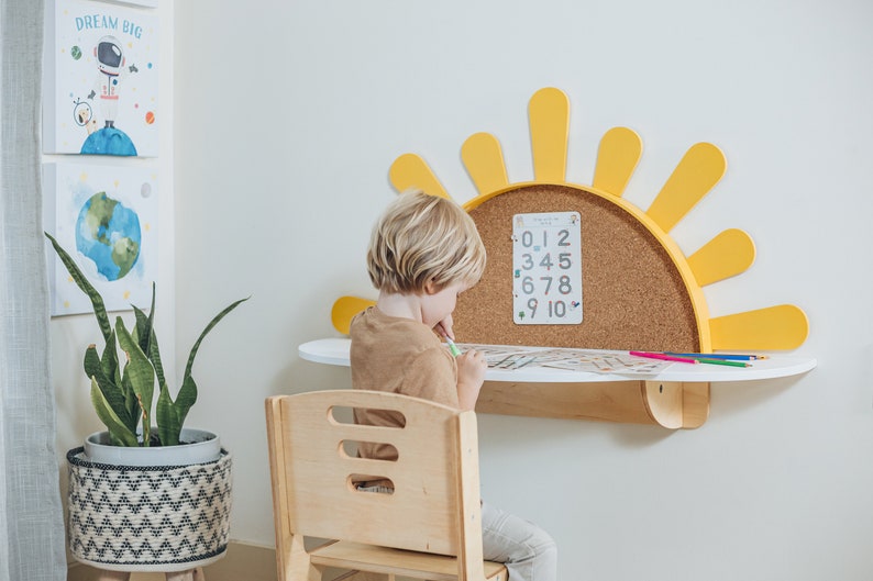 Sunshine Wall-Mounted Kids Table, Preschool set - Desk and Chair, Montessori Furniture, Boho style nursery, Toddler playroom,Mirror for Baby