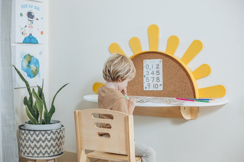 Sunshine Wall-Mounted Kids Table, Preschool set - Desk and Chair, Montessori Furniture, Boho style nursery, Toddler playroom,Mirror for Baby