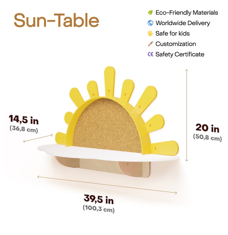 Sunshine Wall-Mounted Kids Table, Preschool set - Desk and Chair, Montessori Furniture, Boho style nursery, Toddler playroom,Mirror for Baby