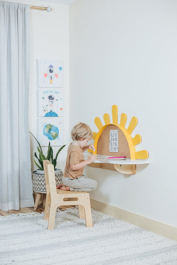 Sunshine Wall-Mounted Kids Table, Preschool set - Desk and Chair, Montessori Furniture, Boho style nursery, Toddler playroom,Mirror for Baby