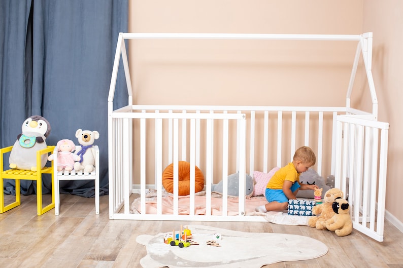 Premium Montessori Toddler Floor Bed with High Rails - Indoor Playhouse & Platform Bed