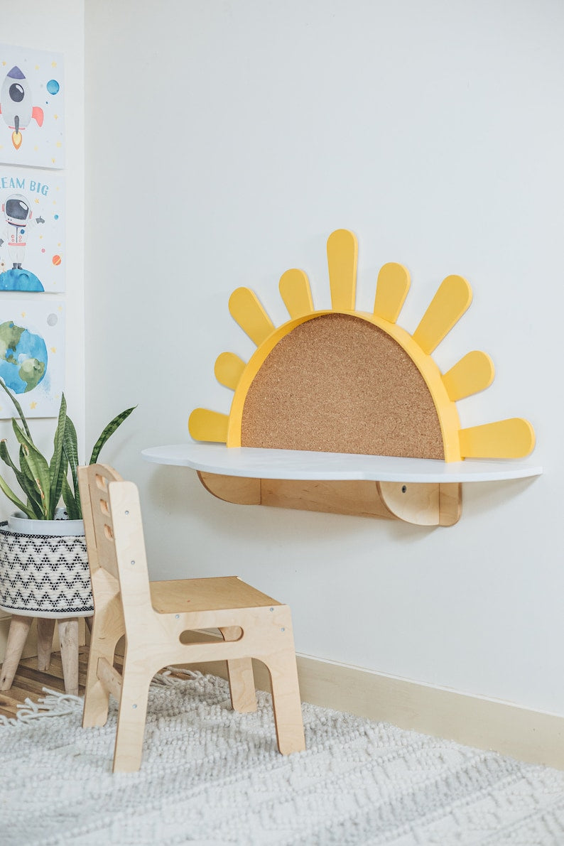 Sunshine Wall-Mounted Kids Table, Preschool set - Desk and Chair, Montessori Furniture, Boho style nursery, Toddler playroom,Mirror for Baby