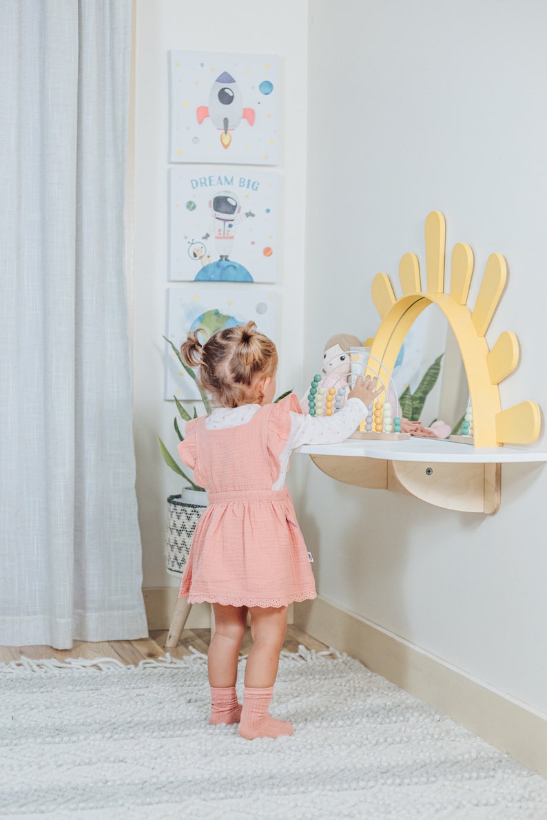 Sunshine Wall-Mounted Kids Table, Preschool set - Desk and Chair, Montessori Furniture, Boho style nursery, Toddler playroom,Mirror for Baby