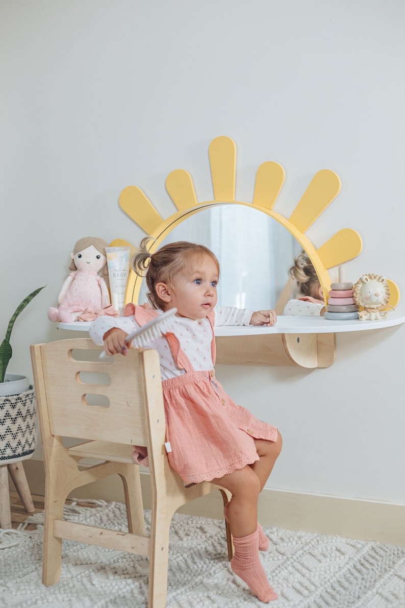Sunshine Wall-Mounted Kids Table, Preschool set - Desk and Chair, Montessori Furniture, Boho style nursery, Toddler playroom,Mirror for Baby
