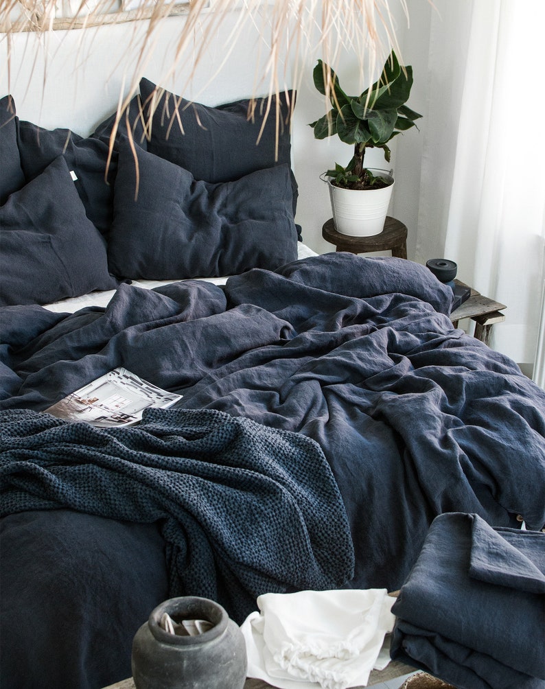 Graphite Blue Linen Bedding Set - Duvet Cover & 2 Pillowcases - King Queen Full Double Twin Single - Anthracite Gray Blue Washed Soft Linen