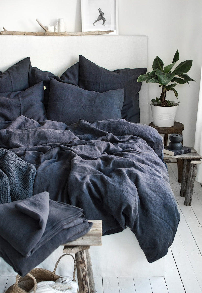 Graphite Blue Linen Bedding Set - Duvet Cover & 2 Pillowcases - King Queen Full Double Twin Single - Anthracite Gray Blue Washed Soft Linen