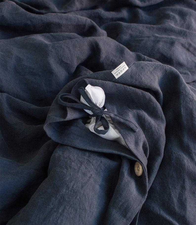 Graphite Blue Linen Bedding Set - Duvet Cover & 2 Pillowcases - King Queen Full Double Twin Single - Anthracite Gray Blue Washed Soft Linen