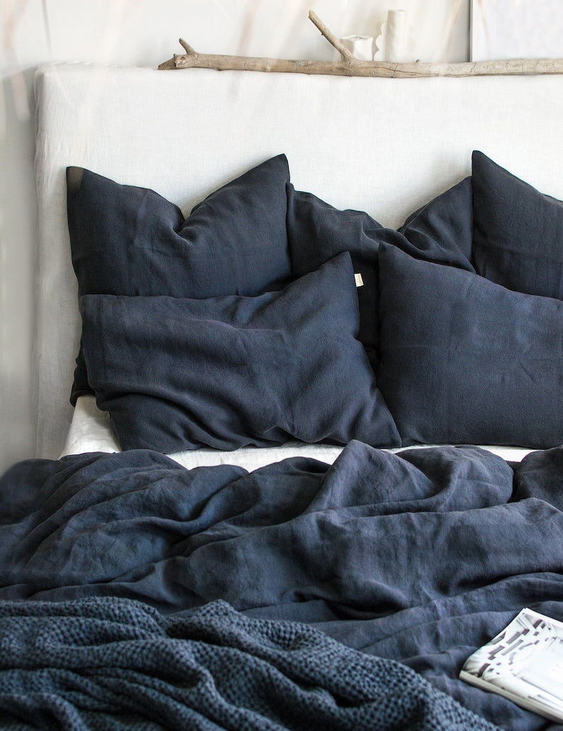 Graphite Blue Linen Bedding Set - Duvet Cover & 2 Pillowcases - King Queen Full Double Twin Single - Anthracite Gray Blue Washed Soft Linen