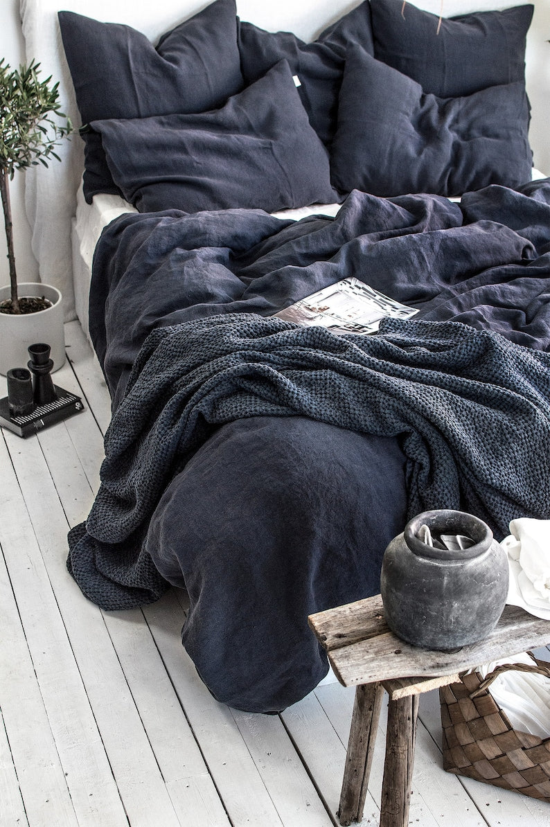 Graphite Blue Linen Bedding Set - Duvet Cover & 2 Pillowcases - King Queen Full Double Twin Single - Anthracite Gray Blue Washed Soft Linen