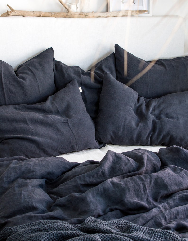 Graphite Blue Linen Bedding Set - Duvet Cover & 2 Pillowcases - King Queen Full Double Twin Single - Anthracite Gray Blue Washed Soft Linen