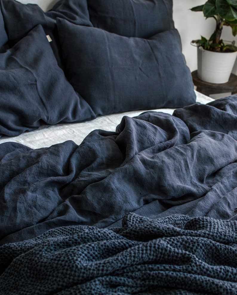 Graphite Blue Linen Bedding Set - Duvet Cover & 2 Pillowcases - King Queen Full Double Twin Single - Anthracite Gray Blue Washed Soft Linen
