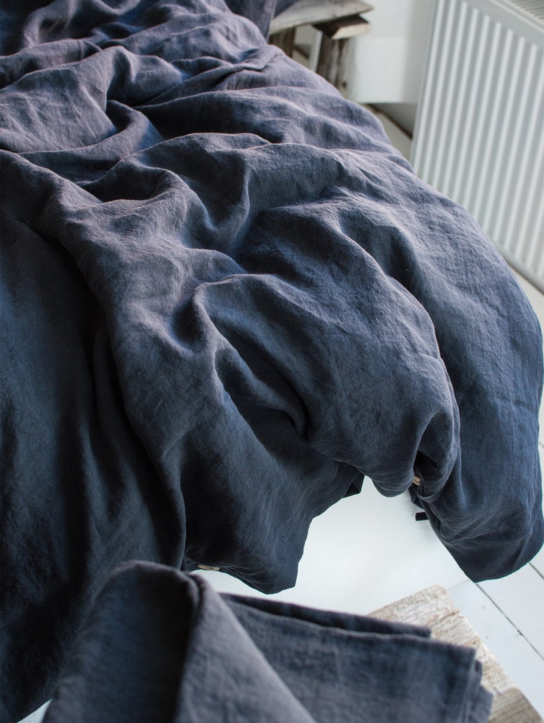 Graphite Blue Linen Bedding Set - Duvet Cover & 2 Pillowcases - King Queen Full Double Twin Single - Anthracite Gray Blue Washed Soft Linen