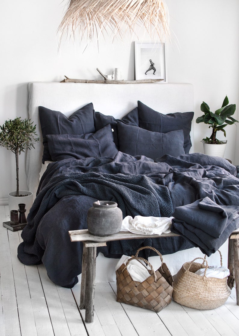Graphite Blue Linen Bedding Set - Duvet Cover & 2 Pillowcases - King Queen Full Double Twin Single - Anthracite Gray Blue Washed Soft Linen
