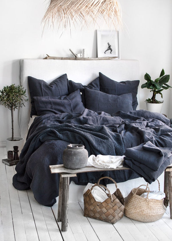 Graphite Blue Linen Bedding Set - Duvet Cover & 2 Pillowcases - King Queen Full Double Twin Single - Anthracite Gray Blue Washed Soft Linen