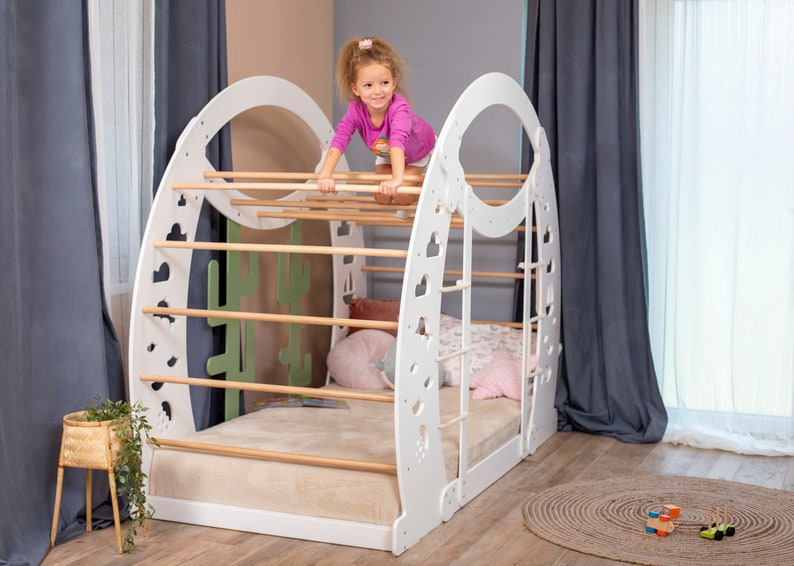 Montessori Wooden Climbing Bed for Toddlers - Floor Bed with Climbing Wall & Gym Features - Kids Play Bed Frame, Platform Bed, Nursery Decor, 154$