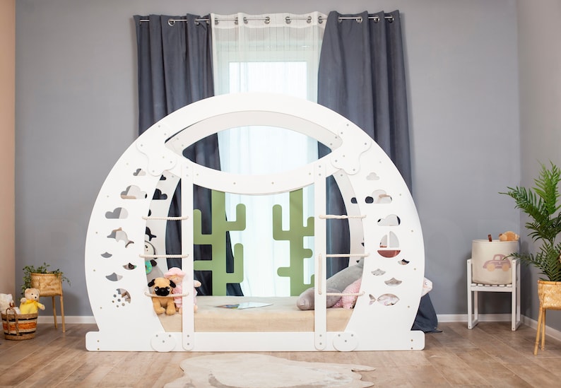 Montessori Wooden Climbing Bed for Toddlers - Floor Bed with Climbing Wall & Gym Features - Kids Play Bed Frame, Platform Bed, Nursery Decor, 154$
