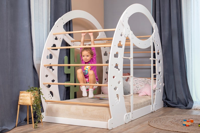 Montessori Wooden Climbing Bed for Toddlers - Floor Bed with Climbing Wall & Gym Features - Kids Play Bed Frame, Platform Bed, Nursery Decor, 154$