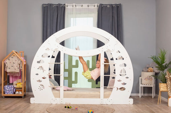 Montessori Wooden Climbing Bed for Toddlers - Floor Bed with Climbing Wall & Gym Features - Kids Play Bed Frame, Platform Bed, Nursery Decor, 154$