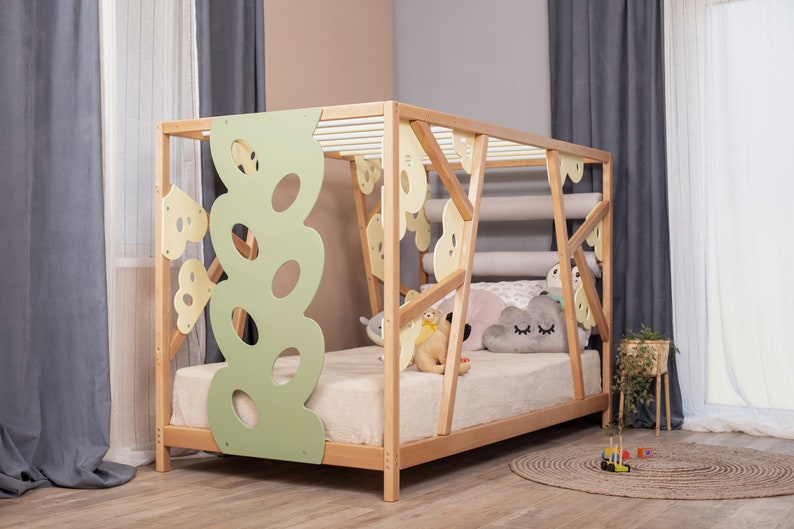 Busywood Lemur Montessori Toddler Climbing Bed - Engaging Wooden Activity Gym with Play Wall and Slats