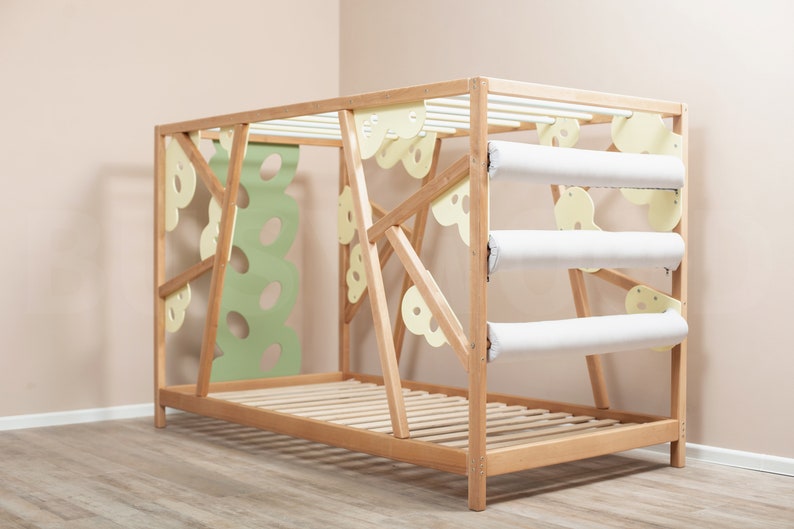Busywood Lemur Montessori Toddler Climbing Bed - Engaging Wooden Activity Gym with Play Wall and Slats