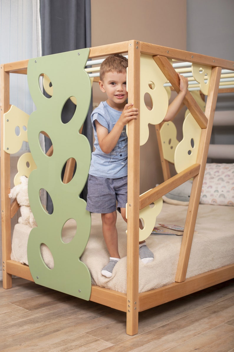 Busywood Lemur Montessori Toddler Climbing Bed - Engaging Wooden Activity Gym with Play Wall and Slats