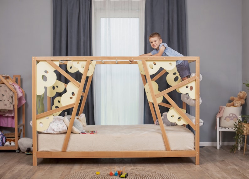 Busywood Lemur Montessori Toddler Climbing Bed - Engaging Wooden Activity Gym with Play Wall and Slats