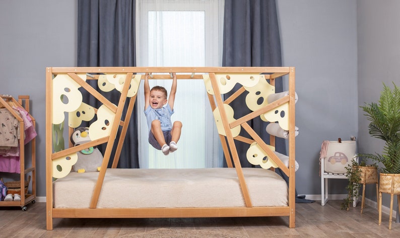 Busywood Lemur Montessori Toddler Climbing Bed - Engaging Wooden Activity Gym with Play Wall and Slats