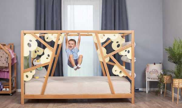 Busywood Lemur Montessori Toddler Climbing Bed - Engaging Wooden Activity Gym with Play Wall and Slats