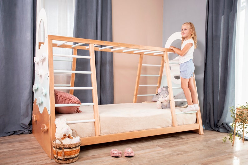 Busywood Montessori Toddler Gym Bed - Activity Play Frame with Climbing Wall, Natural Wood for Indoor Adventures