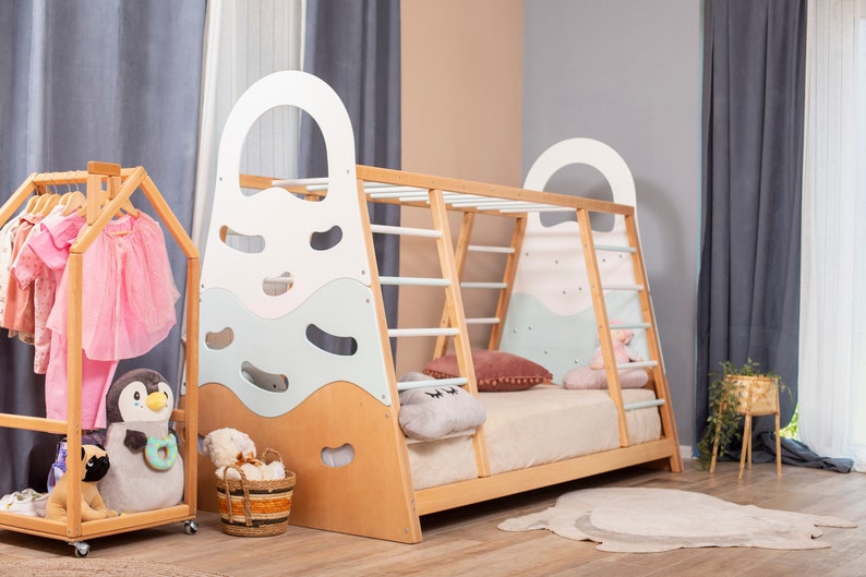 Busywood Montessori Toddler Gym Bed - Activity Play Frame with Climbing Wall, Natural Wood for Indoor Adventures