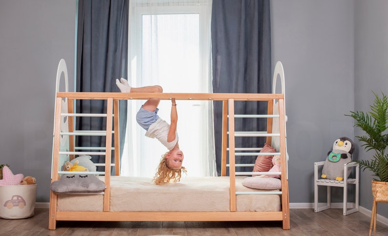 Busywood Montessori Toddler Gym Bed - Activity Play Frame with Climbing Wall, Natural Wood for Indoor Adventures