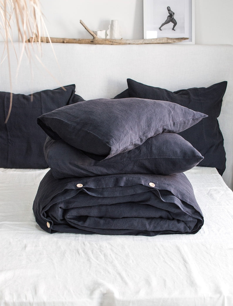 Graphite Blue Linen Bedding Set - Duvet Cover & 2 Pillowcases - King Queen Full Double Twin Single - Anthracite Gray Blue Washed Soft Linen