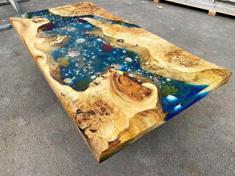 Custom Poplar Wood River Blue Green Tropical Design Aquarium Epoxy Dining Table, Ocean Resin Table, Coffee Table,Kitchen Table