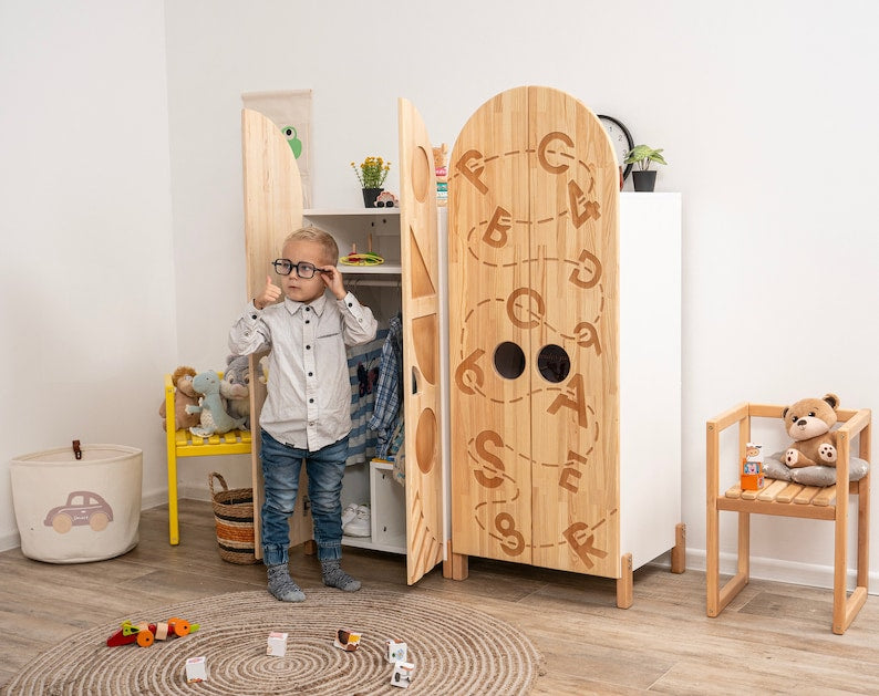 Busywood Montessori Wooden Wardrobe for Kids - Dress Up Storage Closet, Toddler Armoire Organizer, Unique Bookcase, Baby Toy Storage, 154$