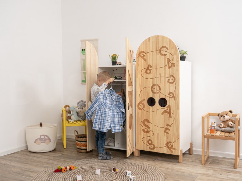 Busywood Montessori Wooden Wardrobe for Kids - Dress Up Storage Closet, Toddler Armoire Organizer, Unique Bookcase, Baby Toy Storage, 154$