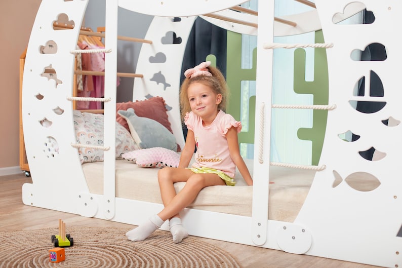 Montessori Wooden Climbing Bed for Toddlers - Floor Bed with Climbing Wall & Gym Features - Kids Play Bed Frame, Platform Bed, Nursery Decor, 154$