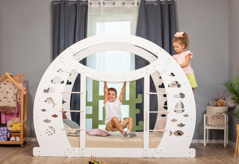 Montessori Wooden Climbing Bed for Toddlers - Floor Bed with Climbing Wall & Gym Features - Kids Play Bed Frame, Platform Bed, Nursery Decor, 154$
