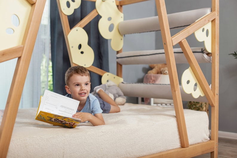 Busywood Lemur Montessori Toddler Climbing Bed - Engaging Wooden Activity Gym with Play Wall and Slats