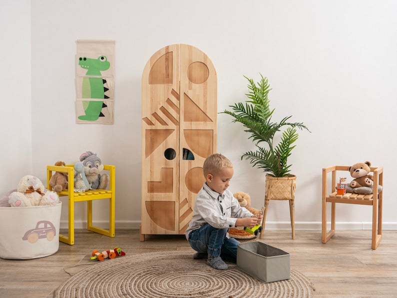 Busywood Montessori Wooden Wardrobe for Kids - Dress Up Storage Closet, Toddler Armoire Organizer, Unique Bookcase, Baby Toy Storage, 154$